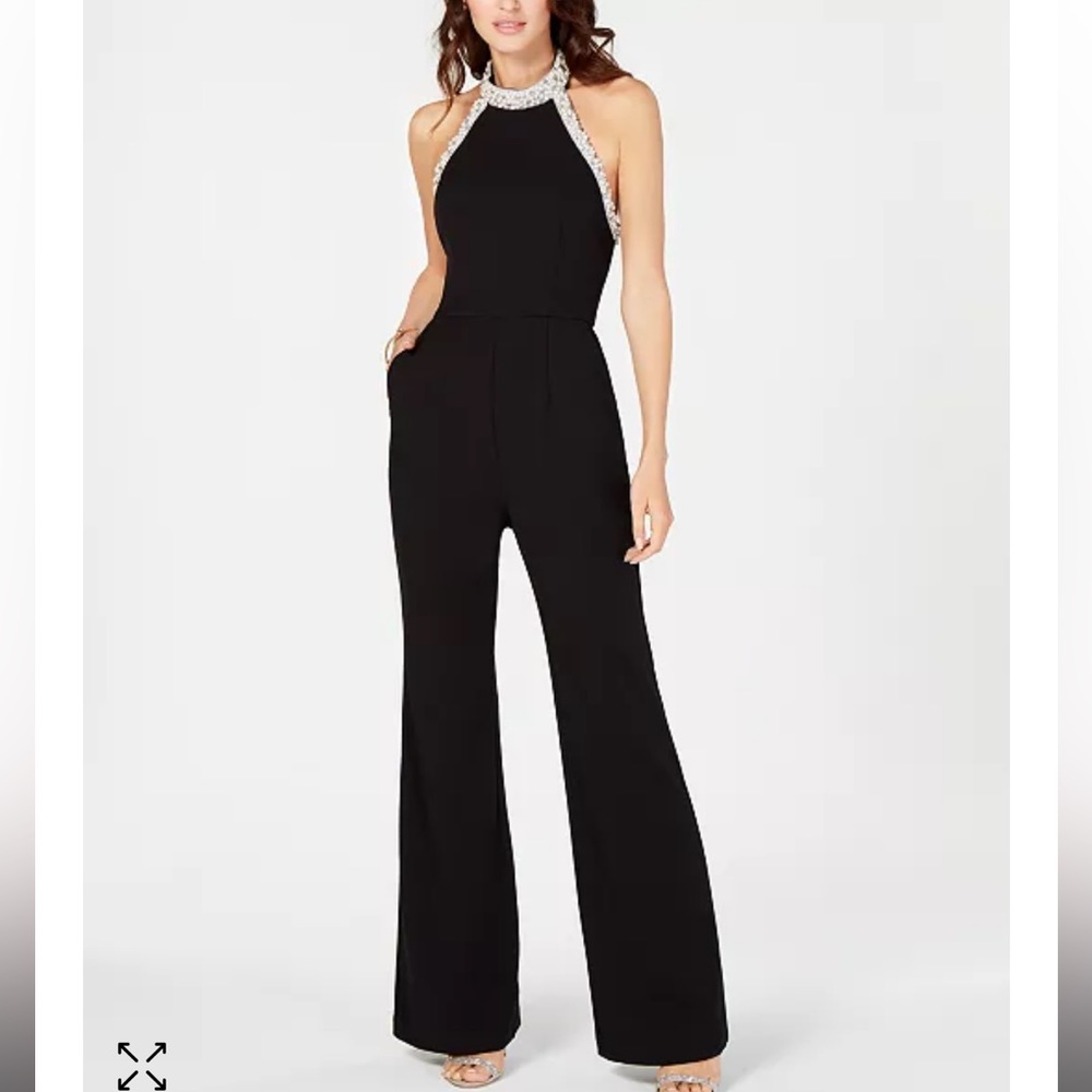 Adrianna Papell Pearl and Bead Halter Jumpsuit